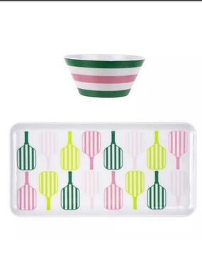 NEW Pickleball Pink Green serving Platter Tray Bowl Cocktail Party Chip Dip